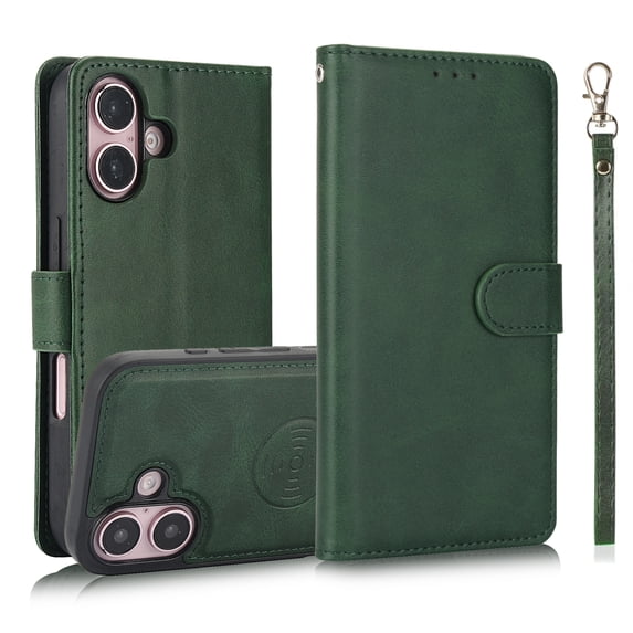 Wallet Case for iPhone 16 Plus, 2 In 1 PU Leather Flip Phone Case with Detachable Magnetic TPU Inner, Kickstand Phone Cover with Card Slots & Wrist Strap for iPhone 16 Plus, Green