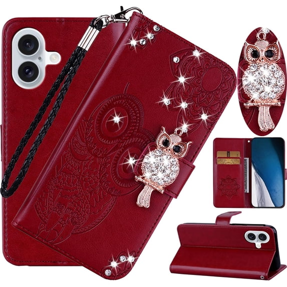Wallet Case for iPhone 16 Plus 6.7" with Card Slot Holder Kickstand, Glitter Bling Diamond Rhinestone Owl PU Leather Flip Folio Cover with Wrist Strap for Apple iPhone 16 Plus MTY-Red