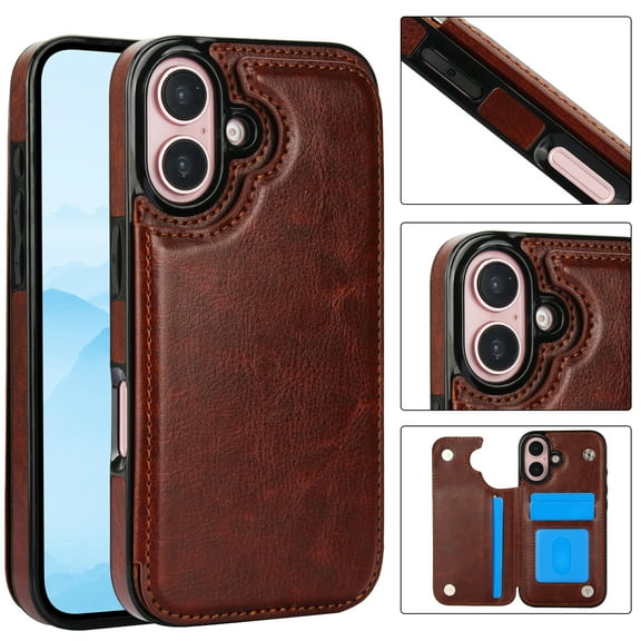 Wallet Case for iPhone 16 Plus with Card Holder, Back Folio Flip Premium PU Leather Kickstand Card Slots Case, Double Strong Magnetic Clasp Durable Shockproof Phone Case for iPhone 16 Plus,Brown