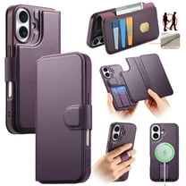 Wallet Case for iPhone 16 Plus Compatible with Mag-Safe, 2-in-1 PU Leather Flip Cover with RFID Blocking Card Holder Stand Shockproof Detachable Magnetic Case for iPhone 16 Plus, Purple