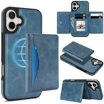 Wallet Case for iPhone 16 Plus Compatible with Mag-Safe for Men Women, Detachable Wallet Magnetic Phone Case with Card Slot Holder RFID Blocking, Back Flip Stand Shockproof Cover, Blue