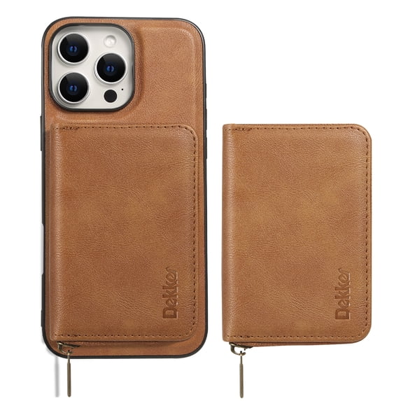 Wallet Case for iPhone 16 Plus Compatible with MagSafe for Men Women, Detachable Magnetic Flip Zipper Wallet with RFID Blocking Card Slots Shockproof Rugged Anti-fall Phone Case,Brown