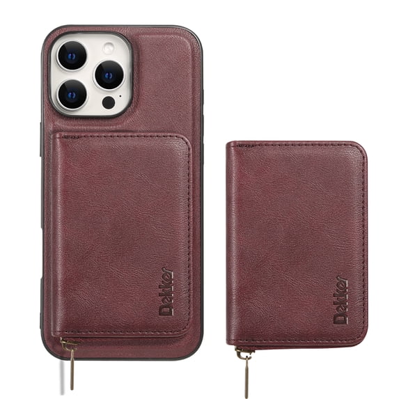 Wallet Case for iPhone 16 Plus Compatible with MagSafe for Men Women, Detachable Magnetic Flip Zipper Wallet with RFID Blocking Card Slots Shockproof Rugged Anti-fall Phone Case,Winered
