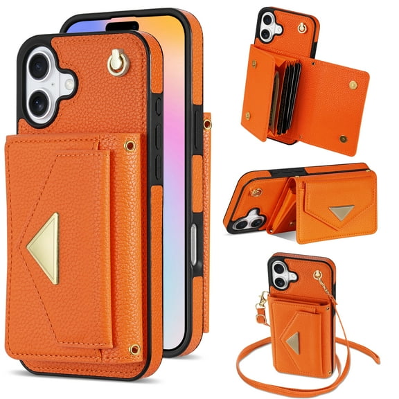 Wallet Case for iPhone 16 Plus, with Detachable Lanyard Cards Holder Premium PU Leather Shockproof Flip Cover Stand Anti-Scratch Protective Phone Cover for Apple iPhone 16 Plus, Orange