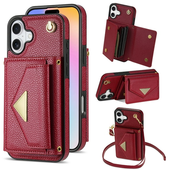 Wallet Case for iPhone 16 Plus, with Detachable Lanyard Cards Holder Premium PU Leather Shockproof Flip Cover Stand Anti-Scratch Protective Phone Cover for Apple iPhone 16 Plus, Red