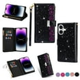 thumbnail image 1 of Wallet Case for iPhone 16 Plus, Glitter Bling Flip Folio Leather Protective Magnetic Stand Zipper Purse Phone Cover with 9 Card Slot Holder Wrist Strap for Women, Black, 1 of 14