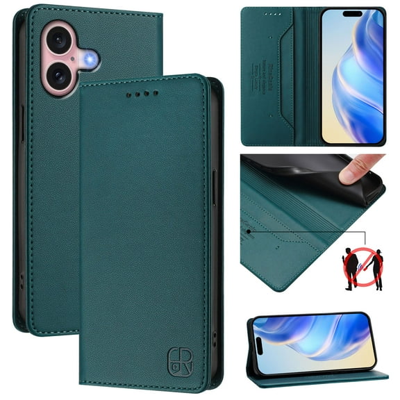 Wallet Case for iPhone 16 Plus, Magnetic Closure PU Leather Flip Phone Case for Men Women with RFID Blocking Card Holder Kickstand, Shockproof Protection Cover for iPhone 16 Plus, Darkgreen