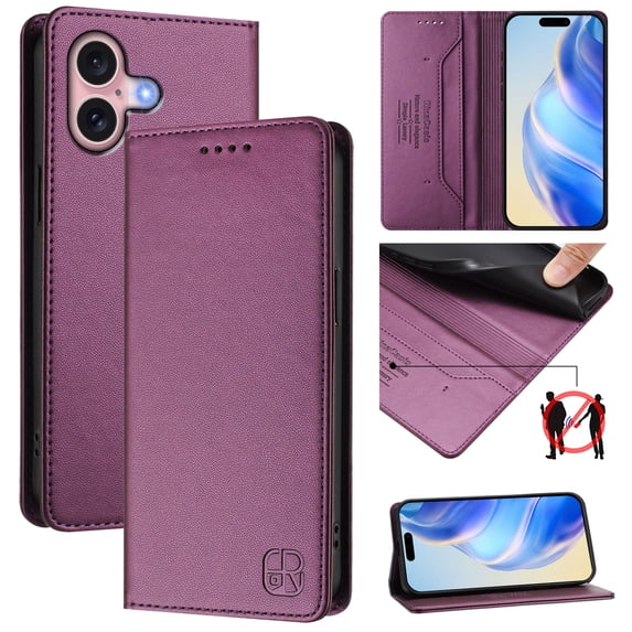 Wallet Case for iPhone 16 Plus, Magnetic Closure PU Leather Flip Phone Case for Men Women with RFID Blocking Card Holder Kickstand, Shockproof Protection Cover for iPhone 16 Plus, Darkpurple