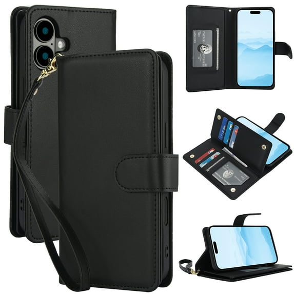 Wallet Case for iPhone 16 Plus, RFID Blocking Flip Cover with 7 Card Slots, Cash Compartment, Magnetic Closure, and Hands-Free Stand, Slim Protective Phone Case with Wrist Strap,Black