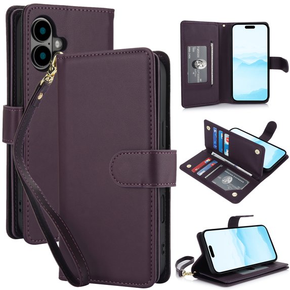Wallet Case for iPhone 16 Plus, RFID Blocking Flip Cover with 7 Card Slots, Cash Compartment, Magnetic Closure, and Hands-Free Stand, Slim Protective Phone Case with Wrist Strap,Darkpurple