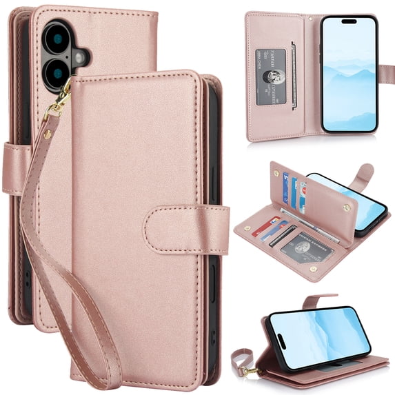 Wallet Case for iPhone 16 Plus, RFID Blocking Flip Cover with 7 Card Slots, Cash Compartment, Magnetic Closure, and Hands-Free Stand, Slim Protective Phone Case with Wrist Strap,Rosegold