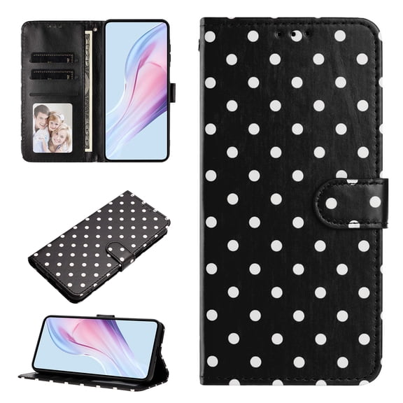 Wallet Case for iPhone 16 Plus, Wave Point Pattern Phone Case with Kickstand, 3 Card Slots and Cash Pocket Full Body Shock-Resistant Protective Folio Cover for Women Girls, Black