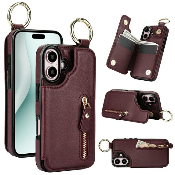 Wallet Case for iPhone 16, Premium Vintage PU Leather Magnetic Closure Handbag Zipper Pocket Case Kickstand Card Holder Slots with Ring Hook Shockproof Flip Cover, Brown