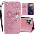 thumbnail image 1 of Wallet Case for iPhone 16 Pro 6.3" with Card Slot Holder Kickstand, Glitter Bling Diamond Rhinestone Owl PU Leather Flip Folio Cover with Wrist Strap for Apple iPhone 16 Pro MTY-Rose Gold, 1 of 7