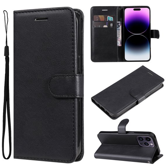 Wallet Case for iPhone 16 Pro with Card Holder, PU Leather Flip Folio Shell Wrist Strap Stand Function Magnetic Closure Shockproof Protective Phone Cover for iPhone 16 Pro, Black