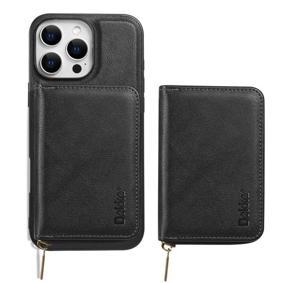 Wallet Case for iPhone 16 Pro Compatible with MagSafe for Men Women, Detachable Magnetic Flip Zipper Wallet with RFID Blocking Card Slots Shockproof Rugged Anti-fall Phone Case,Black