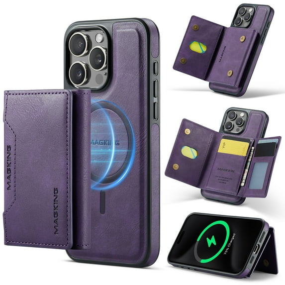 Wallet Case for iPhone 16 Pro Compatible with MagSafe for Men Women, Detachable Magnetic Wallet Phone Case with Card Slots Holder Kickstand RFID Blocking for iPhone 16 Pro, Purple