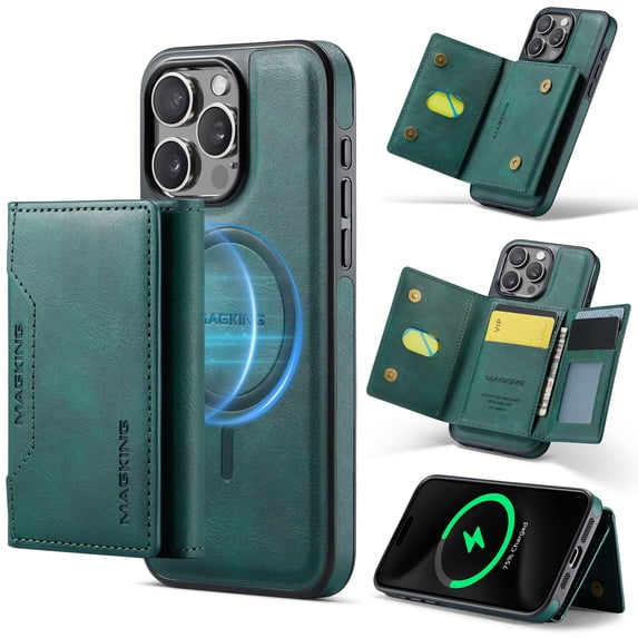 Wallet Case for iPhone 16 Pro Compatible with MagSafe for Men Women, Detachable Magnetic Wallet Phone Case with Card Slots Holder Kickstand RFID Blocking for iPhone 16 Pro, Green