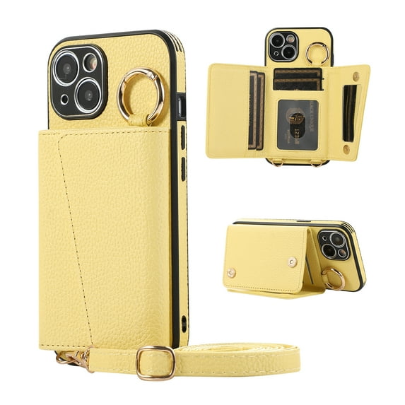 Wallet Case for iPhone 16 Pro Crossbody with Lanyard, PU Leather Folio Purse Cover with Card Holder, Case with Lens Protective Film, Shockproof Ring Buckle Case for iPhone 16 Pro, Yellow