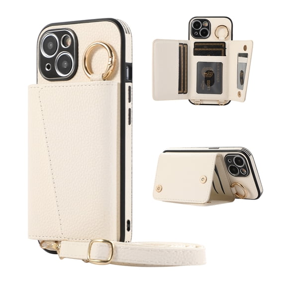 Wallet Case for iPhone 16 Pro Crossbody with Lanyard, PU Leather Folio Purse Cover with Card Holder, Case with Lens Protective Film, Shockproof Ring Buckle Case for iPhone 16 Pro, White