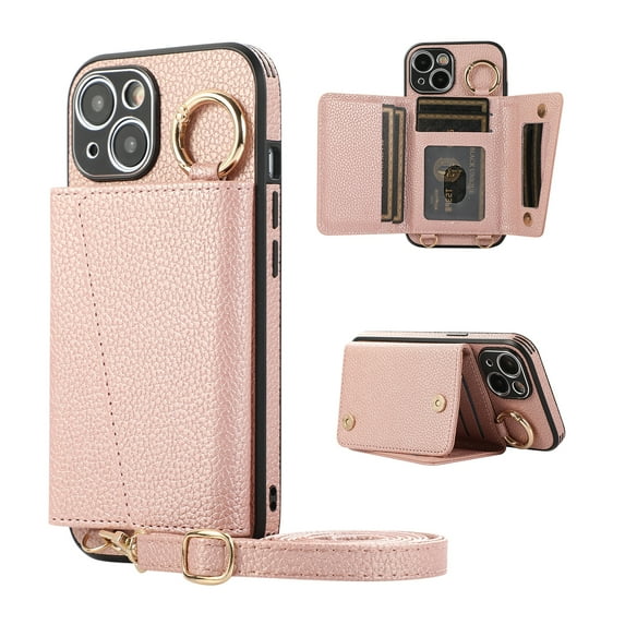 Wallet Case for iPhone 16 Pro Crossbody with Lanyard, PU Leather Folio Purse Cover with Card Holder, Case with Lens Protective Film, Shockproof Ring Buckle Case for iPhone 16 Pro, Rosegold
