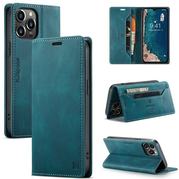 Wallet Case for iPhone 16 Pro, Full Body Protection Vintage PU Leather Card Slots Magnetic Kickstand Classic Business Rugged Phone Case Cover for iPhone 16 Pro, Blue