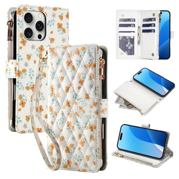 Wallet Case For iPhone 16 Pro Max 6.9-inch, Flower Pattern Flip Zipper Purse Leather Cover With Card Holder, Detachable Wristlet & Shoulder Strap, Shockproof ,Kickstand Phone Case For Women,Orange