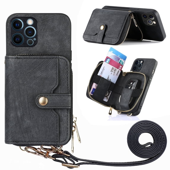 Wallet Case for iPhone 16 Pro Max, Adjustable Detachable Crossbody Zipper Purse Case with Card Holder & Kickstand, PU Leather Flip Folio Case for iPhone 16 Pro Max, Black