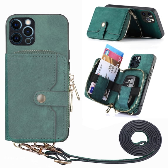 Wallet Case for iPhone 16 Pro Max, Adjustable Detachable Crossbody Zipper Purse Case with Card Holder & Kickstand, PU Leather Flip Folio Case for iPhone 16 Pro Max, Green