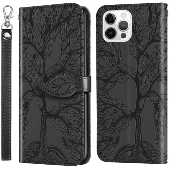 Wallet Case for iPhone 16 Pro Max Case Women Leather Flip with Wrist Strap Magnetic with Card Holder Adjustable Stand Protective Case for iPhone 16 Pro Max 6.9 inch Life Tree Black