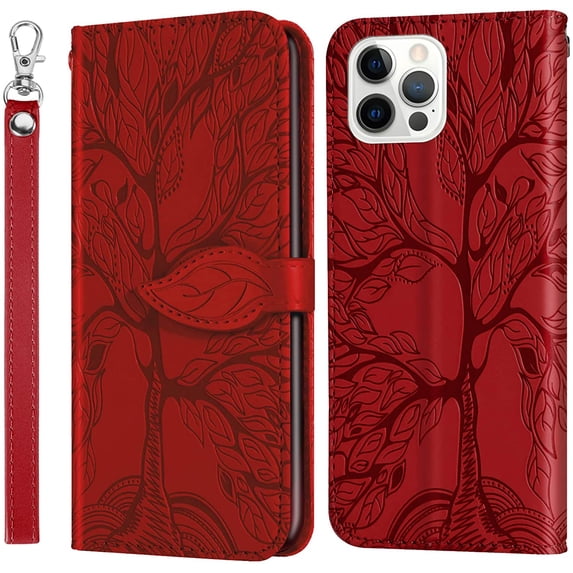 Wallet Case for iPhone 16 Pro Max Case Women Leather Flip with Wrist Strap Magnetic with Card Holder Adjustable Stand Protective Case for iPhone 16 Pro Max 6.9 inch Life Tree Red