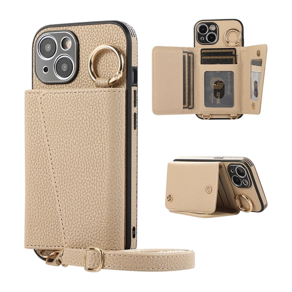 Wallet Case for iPhone 16 Pro Max Crossbody with Lanyard, PU Leather Folio Purse Cover with Card Holder, Case with Lens Protective Film, Shockproof Ring Buckle Case for iPhone 16 Pro Max, Khaki