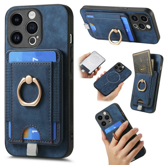 Wallet Case for iPhone 16 Pro Max with Detachable Card Holder, Rotation Ring Kickstand Case, Magnetic Vintage PU Leather Cover Compatible with MagSafe Shockproof Case for iPhone 16 Pro Max, Blue