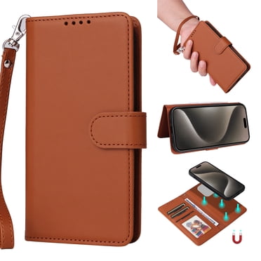 Wallet Case for iPhone 16 Pro Max, PU Leather Detachable Magnetic Inner Case with Kickstand Card Holder Hand Strap for iPhone 16 Pro Max Flip Wallet 2 In 1 Cover for Women Men - Brown