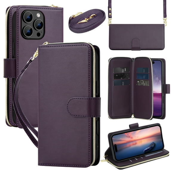 Wallet Case for iPhone 16 Pro Max, PU Leather TPU Protective Rugged Cover with Credit Card Slots Cash Slot Zipper Pocket Magnetic Closure Kickstand Wrist Strap & Adjustable Shoulder Strap, Darkpurple