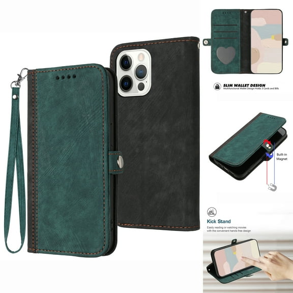 Wallet Case for iPhone 16 Pro Max, Premium PU Leather Wrist Strap Handbag Magnetic Button Silicone Shockproof Protective Case with Card Holder Kickstand Flip Cover for iPhone 16 Pro Max, Darkgreen