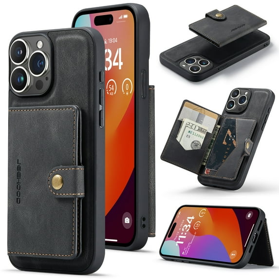 Wallet Case for iPhone 16 Pro Max, Retro PU Leather Shockproof Phone Case Magnetic Snap Back Cover Detachable with Card Holder Pocket Wallet Stand for iPhone 16 Pro Max, Black