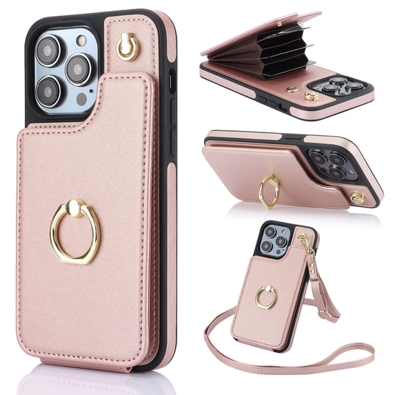 Wallet Case for iPhone 16 Pro Max - Versatile PU Leather Accordion Design, Card Holder & Ring Stand - Crossbody Cover with Lanyard, Anti-Drop Shockproof Protection Case for iPhone 16 Pro Max, Rosegold