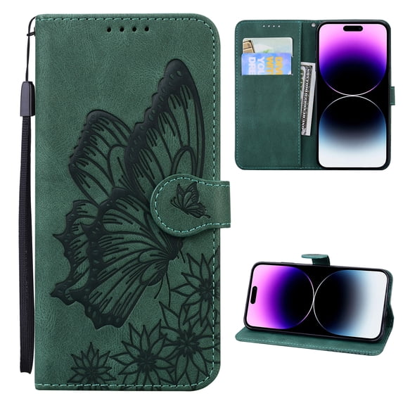 Wallet Case for iPhone 16 Pro Max, Vintage Embossed Butterfly Pattern PU Leather Book Style Shockproof Cover with Card Holder Magnetic Clasp Stand Purse Case for iPhone 16 Pro Max, Green