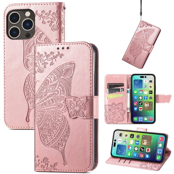 Wallet Case for iPhone 16 Pro Max,Women Folio PU Leather Case Wrist Strap Card Slots Holder Purse Embossed Butterfly Flower Stand Magnetic Closure Flip Full-Body Protective Case,Rosegold