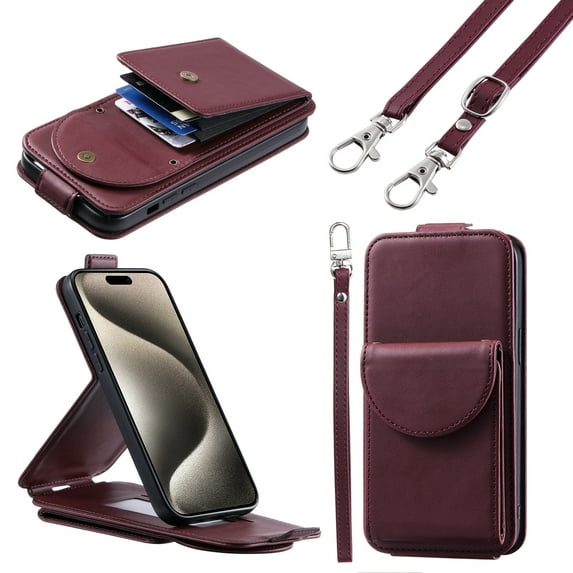 Wallet Case for iPhone 16 Pro Max with Wrist Strap and Crossbody Strap, Classic PU Leather Flip Credit Card Holder Kickstand Magnetic Closure Cell Phone Cover for iPhone 16 Pro Max, Winered