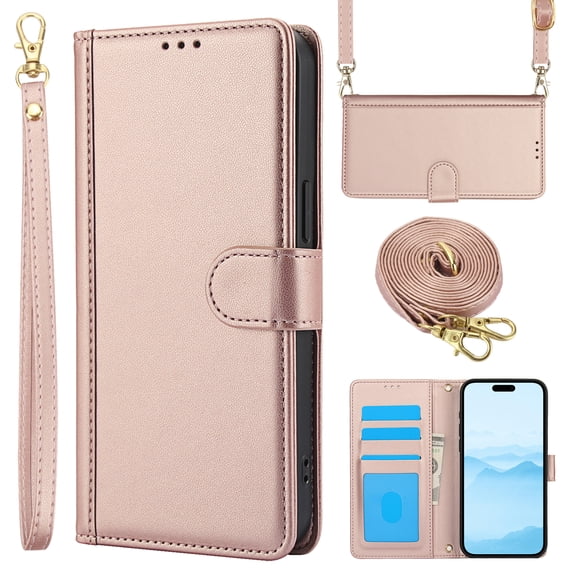 Wallet Case for iPhone 16 Pro Max with Wrist Strap & Shoulder Strap, Multiple Card Slots Purse, PU Leather Stand Business Protective Phone Cover for iPhone 16 Pro Max - Rosegold