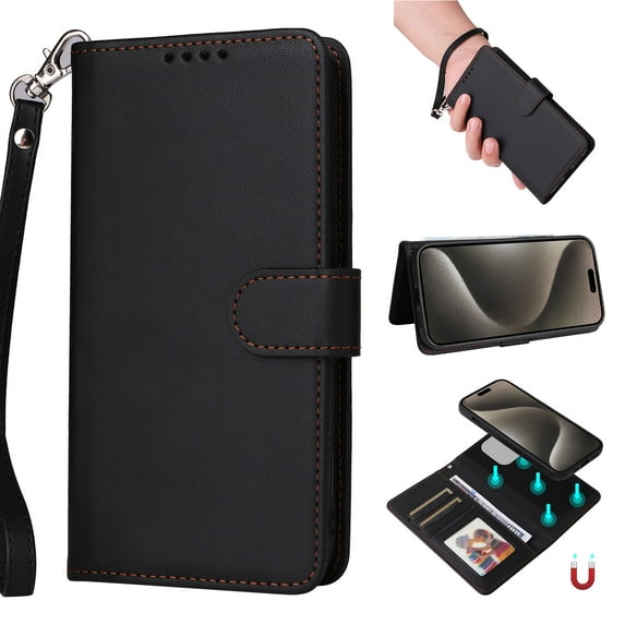 Wallet Case for iPhone 16 Pro, PU Leather Detachable Magnetic Inner Case with Kickstand Card Holder Hand Strap for iPhone 16 Pro Flip Wallet 2 In 1 Cover for Women Men - Black