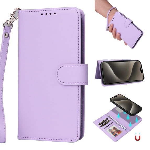 Wallet Case for iPhone 16 Pro, PU Leather Detachable Magnetic Inner Case with Kickstand Card Holder Hand Strap for iPhone 16 Pro Flip Wallet 2 In 1 Cover for Women Men - Purple