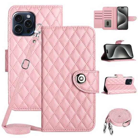 Wallet Case for iPhone 16 Pro, PU Leather Lattice Stylish for Women Girls Crossbody Lanyard Flip Kickstand Card Slots Cash Pocket Magnetic Clasp Full Protective Shockproof Purse Shell, Pink