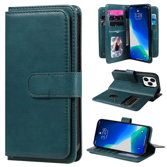 Wallet Case For iPhone 16 Pro, Premium PU Leather Folio Cover with 9 Card Slots Photo ID Window Cash Pocket Magnetic Closure Kickstand RFID Blocking Shockproof Cover, Darkgreen