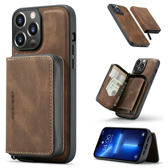 Wallet Case for iPhone 16 Pro, Removeable Zipper Pocket Back Case with Card Holder, PU Leather Drop Protective Cover Case with Kickstand for iPhone 16 Pro, Brown