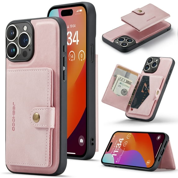 Wallet Case for iPhone 16 Pro, Retro PU Leather Shockproof Phone Case Magnetic Snap Back Cover Detachable with Card Holder Pocket Wallet Stand for iPhone 16 Pro, Pink