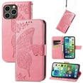 thumbnail image 1 of Wallet Case for iPhone 16 Pro,Women Folio PU Leather Case Wrist Strap Card Slots Holder Purse Embossed Butterfly Flower Stand Magnetic Closure Flip Full-Body Protective Case,Pink, 1 of 9