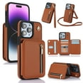 thumbnail image 1 of Wallet Case for iPhone 16 Pro with Wrist and Shoulder Strap, Card Holder Kickstand Feature Flip Zipper PU Leather RFID Blocking Magnetic Buckle Phone Cover for iPhone 16 Pro, Brown, 1 of 8